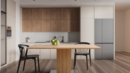 Modern kitchen interior with wooden cabinets, table, and chairs on a wooden floor, against a neutral background. 3D Rendering